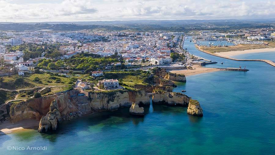 Aerial coastal view of Lagos in the western Algarve, Portugal