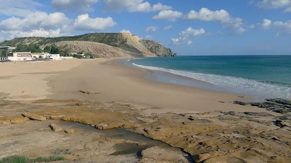 Scenic view of the golden sands and cliffs at Praia da Luz beach in the Western Algarve
